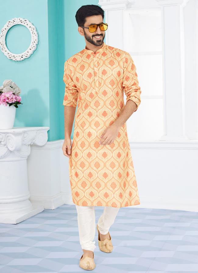 Dhupion Silk Yellow Festival Wear Printed Readymade Kurta Pajama